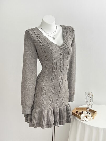 Elamini Vestido de Suéter Feminino Minimalista Cinza de Manga Longa com Tricô de Cabo Ajustado, Outono/Inverno