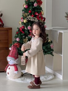 DAZY Baby Girl Round Neck Color Block Ruffle Cute Long Sleeve Dress - Beige - View 4