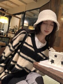 DAZY Women's V-Neck Striped Korean Style Long Sleeve Sweater, Autumn/Winter - Grey - View 12