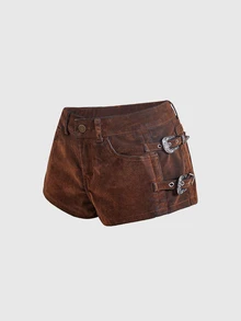 ROMWE Hippie Hot Girl Brown Flocked Metal Buckle Denim Shorts For Women - Brown - View 1