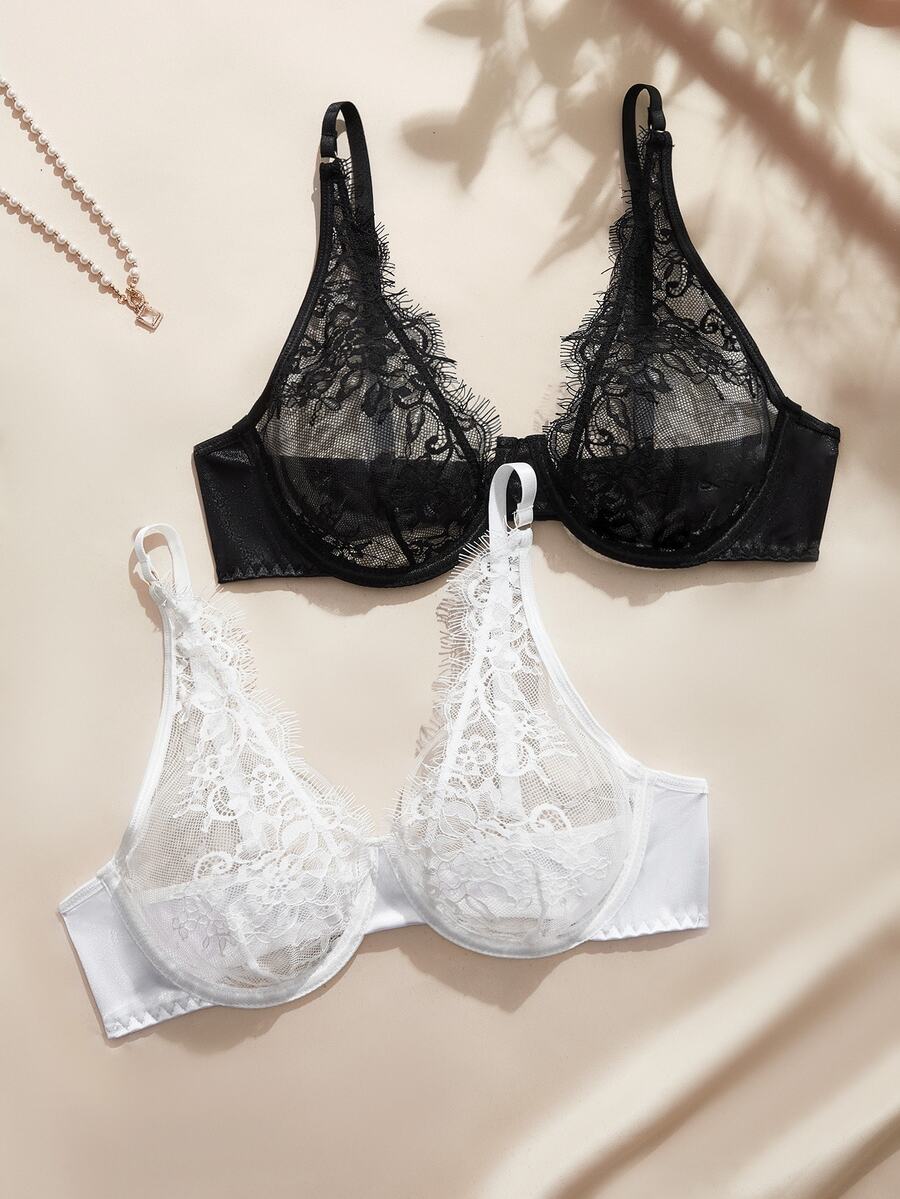 Charlaine Women's French Lace Underwire Fashion Bra 2pcs/Set Dual Color - Black and White - View 1