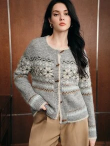 Anewsta Cardigan Rajut Jacquard Abu-abu Longgar dan Nyaman untuk Wanita, Cocok untuk Musim Dingin - Grey - View 4