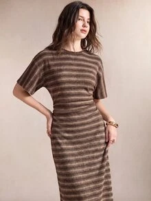 BizChic Gaun Lengan Pendek Kasual Bergaris untuk Wanita, Cocok untuk Musim Panas Sehari-hari - Coklat - View 5