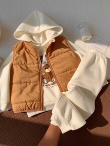 SHEIN 3件組兒童小男孩秋冬卡通圖案針織軟綿連帽長袖衛衣、鬆緊腰長褲、無袖背心套裝，戶外穿著滑雪套裝 - 彩色 - 查看 3