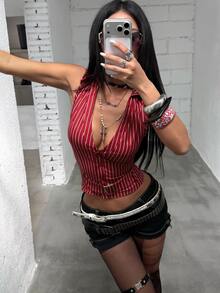 StreetHx Deep V-Neck Sexy Striped Sleeveless Blouse With Belt Detail - Red - View 5