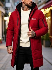Manfinity Homme 男士字母圖案休閒日常穿著冬季連帽填充外套 - 紅色 - 查看 3