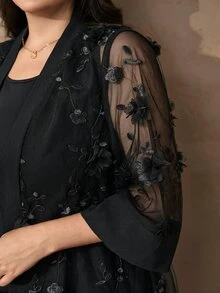 Chikora 大尺碼女款兩件套，夏季優雅白色刺繡開襟襯衫與長裙套裝，休閒與辦公穿著 - 黑色 - 查看 3