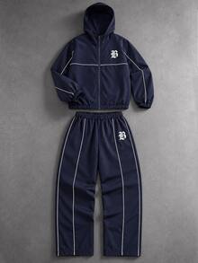 2pcs Boys' Spring/Autumn Solid Color Woven Jacket And Woven Long Pants Set, Contrast Color Piping Design, Comfortable Fabric, Suitable For Casual Streetwear, Suitable For Multiple Seasons - Navy Blue - View 1