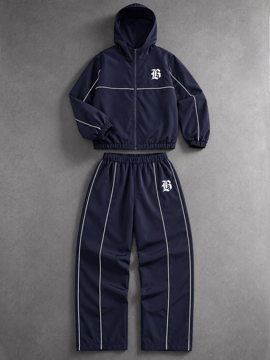 2pcs Boys' Spring/Autumn Solid Color Woven Jacket And Woven Long Pants Set, Contrast Color Piping Design, Comfortable Fabric, Suitable For Casual Streetwear, Suitable For Multiple Seasons - Navy Blue - View 1