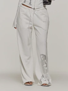 MUSERA White Graphic Printed Studded Cropped Distressed Sweatpants Autumn Winter Festival Holiday Vacation Going Out Halloween Ultra M - White - View 2