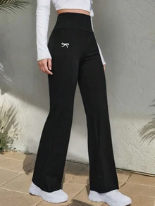 SHEIN 青少年女孩黑色休閒可愛寬鬆運動舒適時尚長褲，喇叭褲腿剪裁，室內/戶外，海灘 2027 畢業生，春/秋/冬 白色 - 黑色 - 查看 7