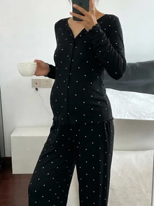 DAZY Contrast Polka Dot Button-Front Long Sleeve T-Shirt And Straight Leg Pants Casual Daily Home Wear Spring Autumn Maternity 2 Pieces Set - Black - View 6
