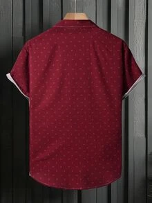 Calvornis 男士單排扣休閒短袖襯衫（印花拼接） - 酒紅色 - 查看 2