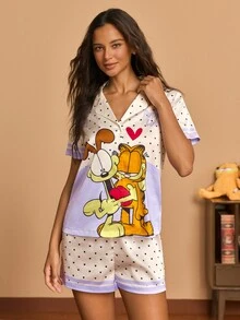 GARFIELD | SHEIN Women's Polka Dot Cartoon Print Short Sleeve Top And Shorts Pajama Set - White - View 4