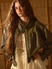 MOTF STUDIO WOMEN'S AUTUMN PU DROPPED SHOULDER RUCHED FLIGHT JACKET - Army Green - View 5