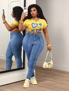 Slaydiva Plus Size Women's High Waist Casual Daily Wear Denim Jeans - Black - View 7