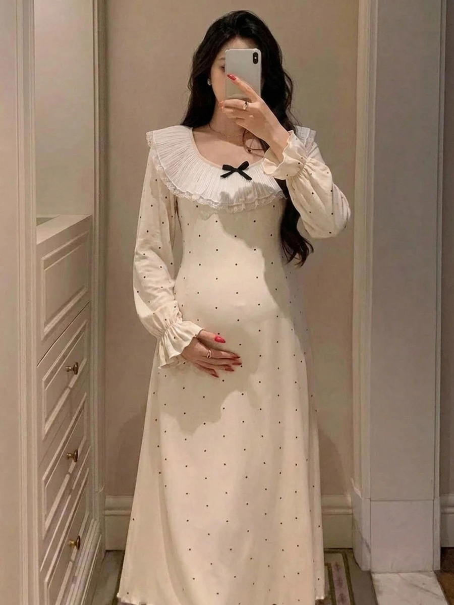 DAZY Polka Dot Patchwork Ruffle Trim Loose Long Sleeve Casual Daily Home Wear Spring Autumn Long Dress Maternity Dress - Apricot - View 1