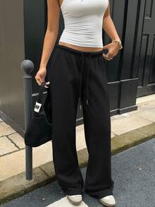 SHEIN EZwear 51%棉女款休閒寬鬆前綁帶運動長褲，適合日常穿著與返校季，秋冬女款運動服 - 黑色 - 查看 3