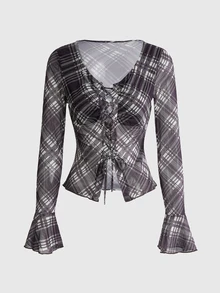 Sweetness Women's Autumn/Winter Plaid Mesh Print Waist-Cinching Square Neck Flare Sleeve Top - Multicolor - View 1