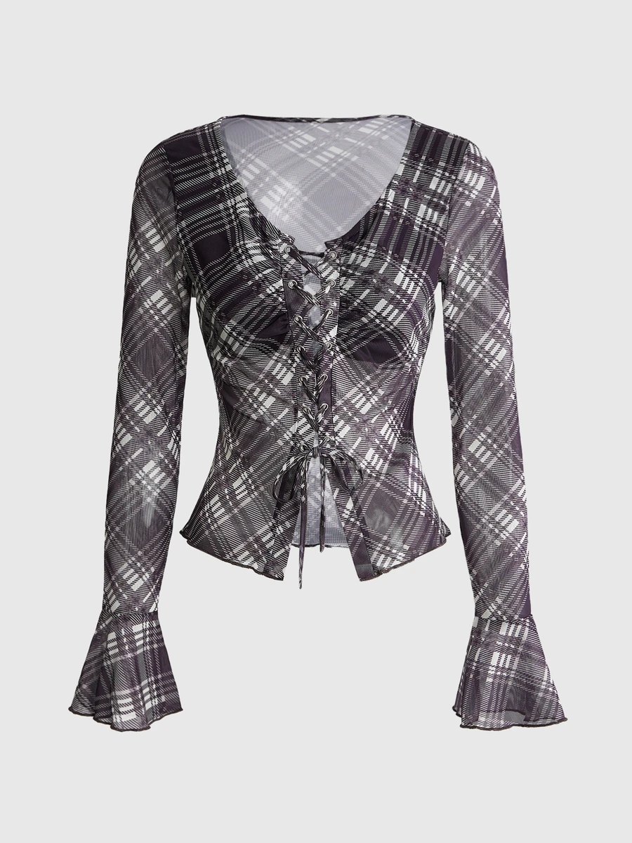 Sweetness Women's Autumn/Winter Plaid Mesh Print Waist-Cinching Square Neck Flare Sleeve Top - Multicolor - View 1