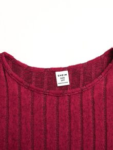 SHEIN 少女休閒簡約舒適圓領套頭長袖拼接中長洋裝 - 紅色 - 查看 3