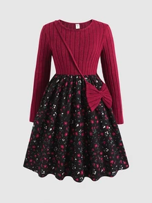 SHEIN 少女休閒簡約舒適圓領套頭長袖拼接中長洋裝 - 紅色 - 查看 6