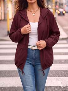 EMERY ROSE Plus Size Women's Solid Color Long Sleeve Zip-Up Casual Hooded Jacket - Burgundy - View 3