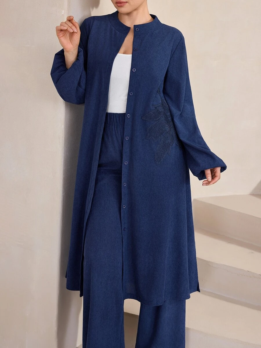 Graceveil Minimalist Chinese Style Stand Collar Button-Front Long Top & Wide Leg Pants 2 Pieces Set, Arabic Casual Outfit - Royal Blue - View 1
