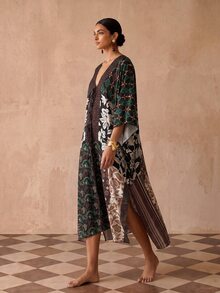 Zivah New Elegant Women's Multi-Color New Chinese Style Pattern Printed Square Scarf Style Tie-Front Bohemian Vacation Robe Long Cover-Up, Suitable For Multiple Occasions, Elegant Women's Beach Vacation Versatile - Multicolor - View 11