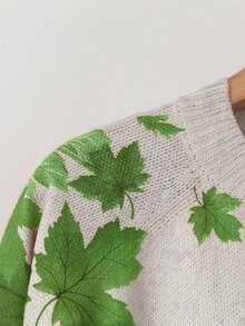 Linhara Plus Size Fashion Leaf Print Long Sleeve Pullover Sweater - Green - View 5