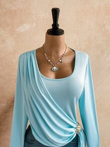 Soleia Women's Plus Size Long Sleeve Designer Vacation T-Shirt, Autumn/Winter - Blue - View 6