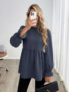Easowa 女款休閒印花秋冬日常基礎襯衫，條紋印花休閒優雅極簡風上衣，適合春夏/秋季、教師節、辦公穿著，海軍藍與白色泡泡袖 - 彩色 - 查看 3