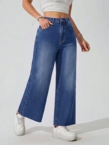 SHEIN ICON 女款大尺碼白色鬆緊腰毛邊直筒牛仔褲 - 藍色 - 查看 4