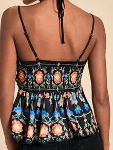 Travachic Elegant Floral Print Lace Sexy Tank Top - Black - View 2