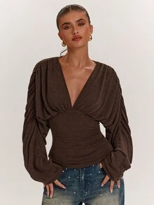 SHEIN BAE Women's V-Neck Sexy Long Sleeve Top Fall Clothes For Women , Winter Clothes, Fall/Winter Halloween - Brown - View 7
