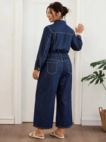Lounesse Plus Size Women's Casual Daily Denim Jumpsuit - Blue - View 2