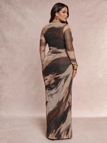 SHEIN Tall CURVE 大尺碼紮染長袖抓皺度假洋裝 秋季款 - 彩色 - 查看 3