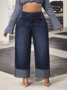 Slaydiva Cowgirl Outfit Plus Size Women's Blue Non-Stretch Cuffed Straight Leg Jeans - Dark Wash - View 5