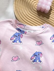 SHEIN 少女卡通圖案長袖長褲休閒舒適居家睡衣套裝 2件組修身版型 - 粉色 - 查看 4