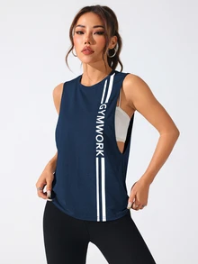 SHEIN Sports 女款字母印花日常健身運動背心 - 藏蓝色 - 查看 4