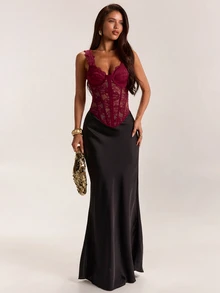 SHEIN BAE Autumn/Winter Solid Burgundy Lace & Velvet Women's Lace Trim Patchwork Bustier - Burgundy - View 4