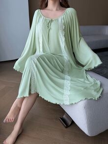 Dazy Plus Spring/Autumn New Fresh Minimalist Vacation Lace Patchwork Neckline Tie Bell Sleeve Loose Nightgown - Green - View 4