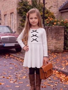Emery Rose Kids Emery Rose Kids 女童小女孩蝴蝶結裝飾圓領長袖可愛洋裝 - 彩色 - 查看 2