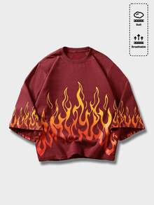 ROMWE MEN Street Life Teen Boy Flame Pattern Casual Daily Wear T-Shirt - Burgundy - View 8