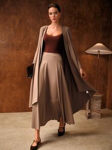 MOTF PREMIUM WOMEN'S CASUAL COMMUTE SHAWL & KNIT SKIRT 2 PIECES SET - Khaki - View 1
