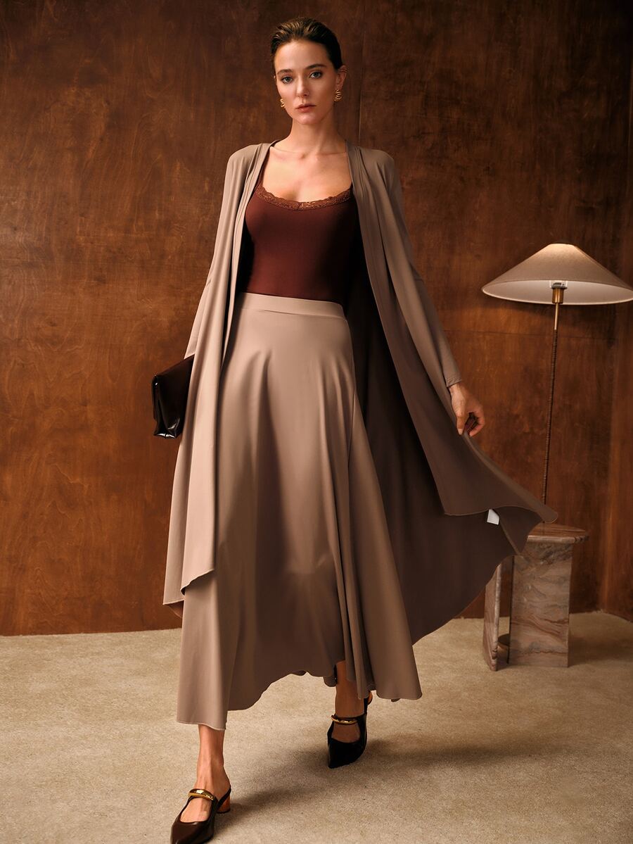 MOTF PREMIUM WOMEN'S CASUAL COMMUTE SHAWL & KNIT SKIRT 2 PIECES SET - Khaki - View 1