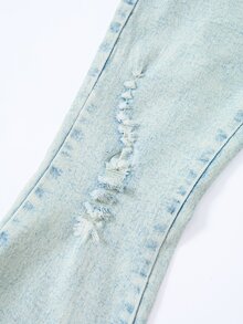 SHEIN ChillGRL Girls' Fashionable Versatile Denim Jeans, Soft & Comfortable Stretch Fabric, Distressed Light Wash With Ripped Hem Vintage Denim Craft, Flare Leg Style, Suitable For All Seasons, Spring/Autumn New Arrival - Light Wash - View 8