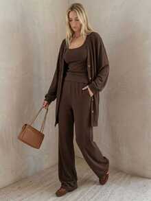 DAZY Women's 3 Pieces Knit Set Loose Cardigan, Camisole Top And Long Pants Casual Outfit - Brown - View 5