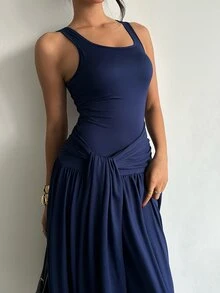 Nuvra Women's 2-In-1 Spaghetti Strap Ruched Tie Waist Tummy Control Butt Lift Body Shaping Long Dress - Blue - View 6