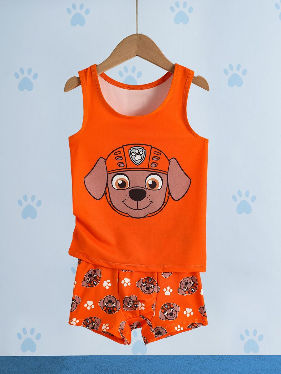 SHEIN | PAW Patrol Young Boy Cartoon Print Tank Top And Boxer Briefs Set - Orange - View 1